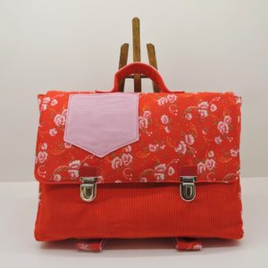 cartable maternelle velours rouge et coton pp rouge fleurs6