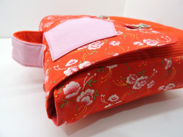 cartable maternelle velours rouge et coton pp rouge fleurs